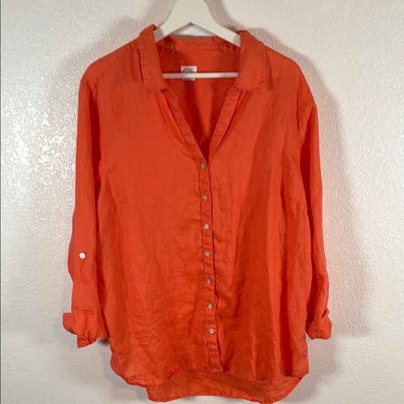 Sigrid Olsen Orange Linen Top Roll Tab Sleeves Mother of Pearl Button Down 2XL - Picture 1 of 7